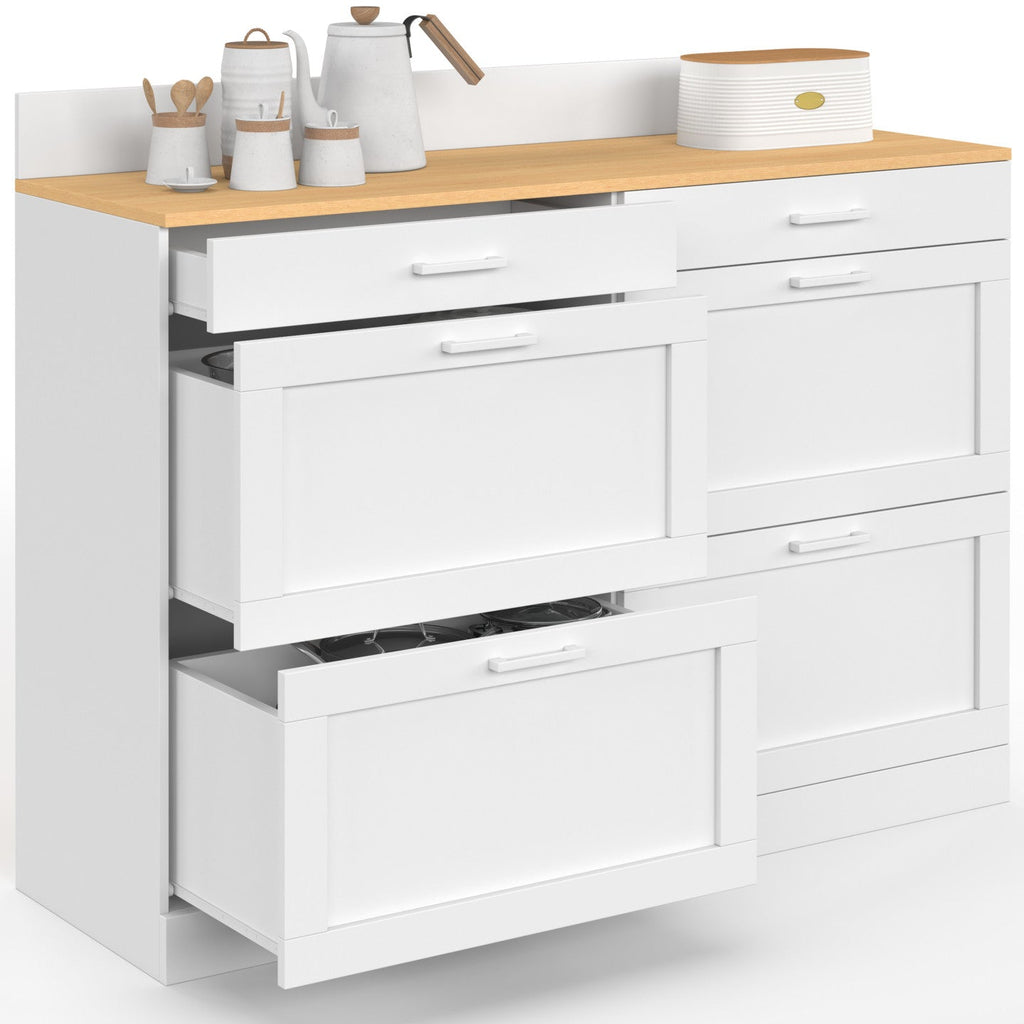 Meuble bas de cuisine 120 cm casserolier VITO, plan de travail H.83 cm, 6 tiroirs blanc et plateau façon hêtre