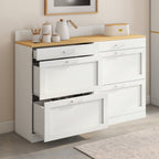 Meuble bas de cuisine 120 cm casserolier VITO, plan de travail H.83 cm, 6 tiroirs blanc et plateau façon hêtre