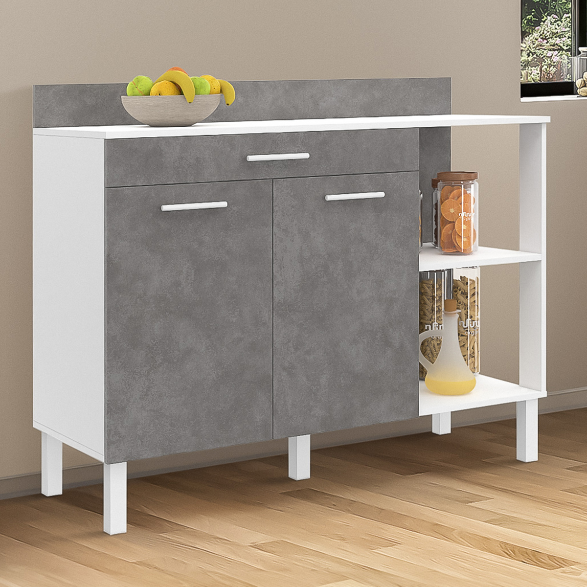 Meuble bas de cuisine 120 cm CINA avec plan de travail H.83 cm, 2 portes + 1 tiroir, blanc et effet béton