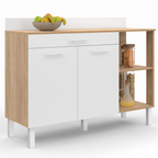 Buffet bas de cuisine 120 cm CINA avec plan de travail H.83 cm, 2 portes + 1 tiroir, coloris hêtre et blanc