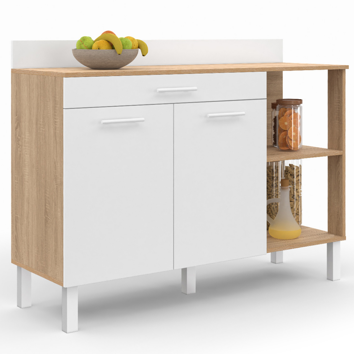 Buffet bas de cuisine 120 cm CINA avec plan de travail H.83 cm, 2 portes + 1 tiroir, coloris hêtre et blanc