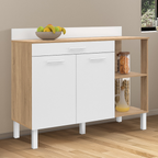 Buffet bas de cuisine 120 cm CINA avec plan de travail H.83 cm, 2 portes + 1 tiroir, coloris hêtre et blanc
