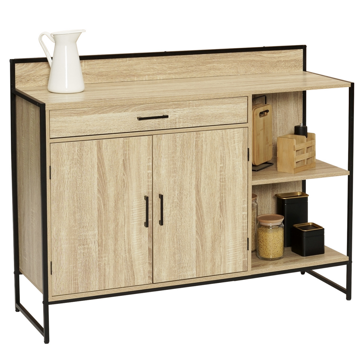 Meuble bas de cuisine 120 CM DETROIT avec plan de travail H.83 CM, 2 portes + tiroir, design industriel