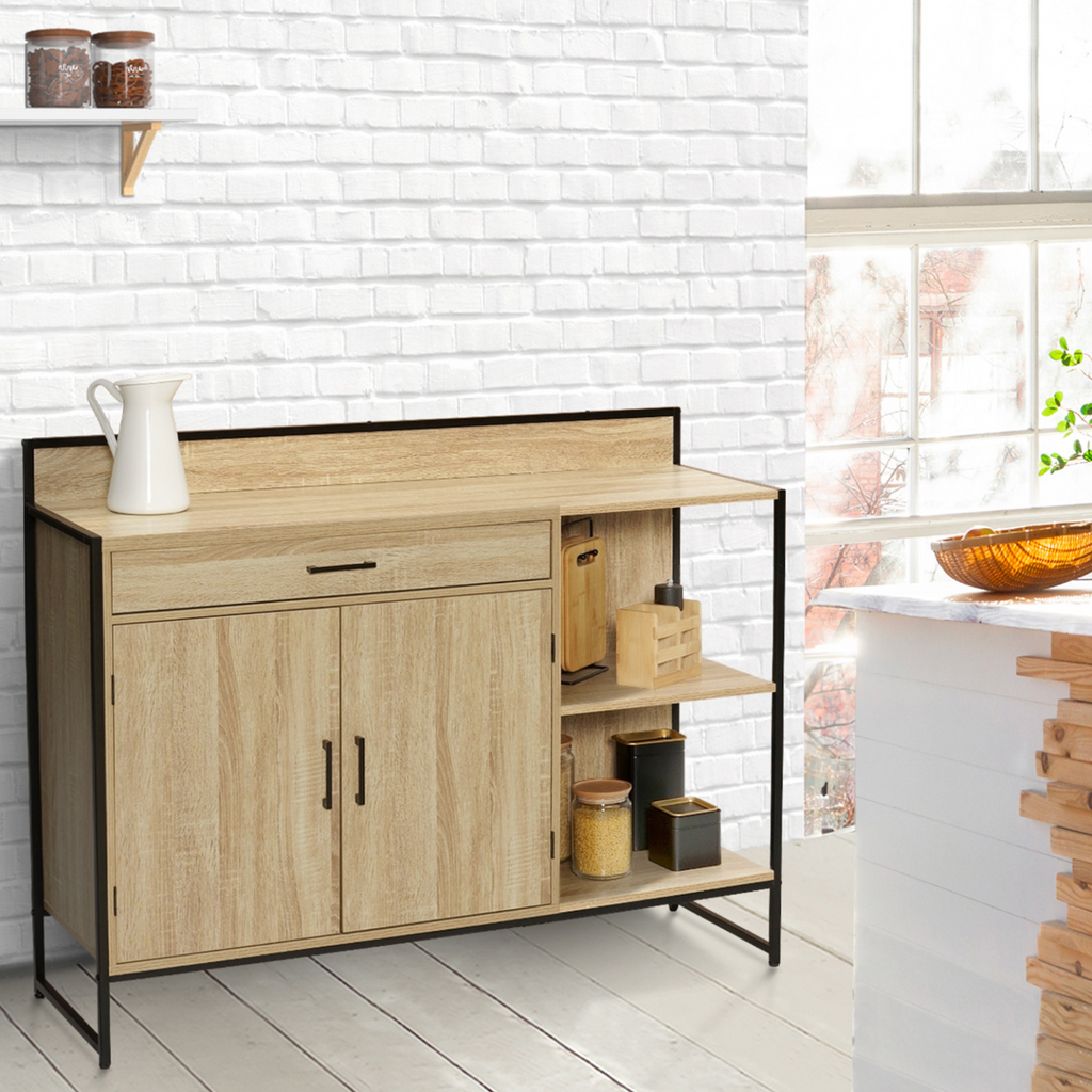 Meuble bas de cuisine 120 CM DETROIT avec plan de travail H.83 CM, 2 portes + tiroir, design industriel