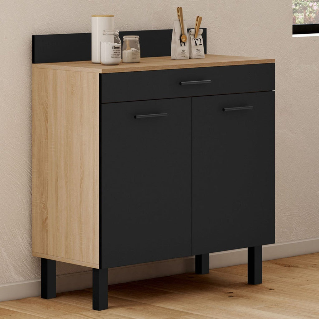 Meuble bas de cuisine 80 cm CINA, plan de travail H. 83 cm, 2 portes + 1 tiroir, décor hêtre et noir