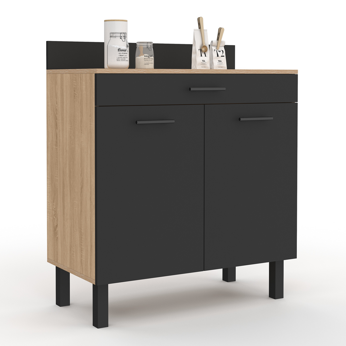 Meuble bas de cuisine 80 cm CINA, plan de travail H. 83 cm, 2 portes + 1 tiroir, décor hêtre et noir