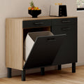 Meuble bas de cuisine avec espace poubelle 100 cm CINA plan de travail H.83 cm 2 portes + tiroirs décor hêtre et noir