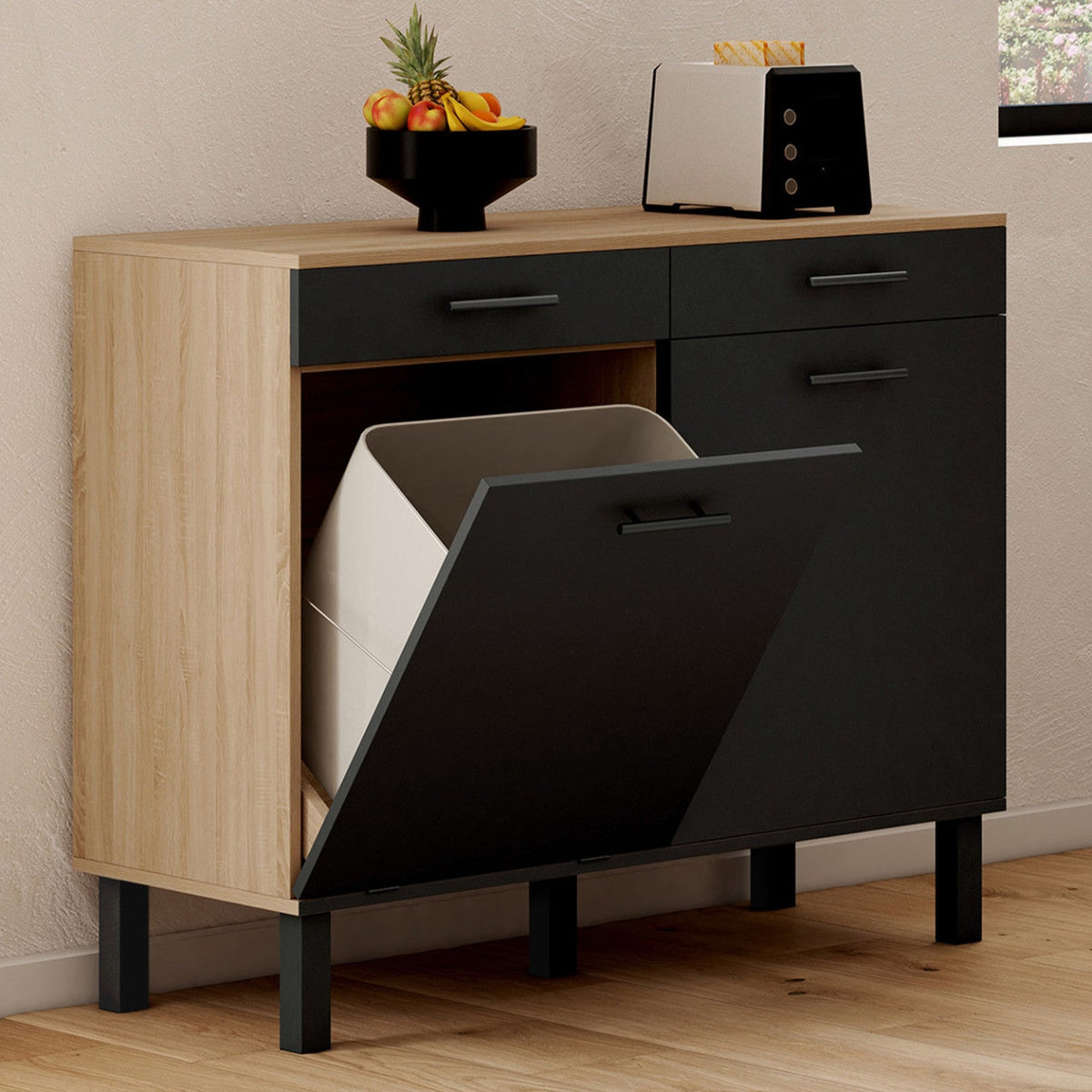 Meuble bas de cuisine avec espace poubelle 100 cm CINA plan de travail H.83 cm 2 portes + tiroirs décor hêtre et noir