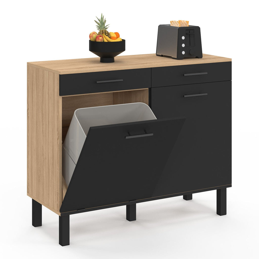 Meuble bas de cuisine avec espace poubelle 100 cm CINA plan de travail H.83 cm 2 portes + tiroirs décor hêtre et noir