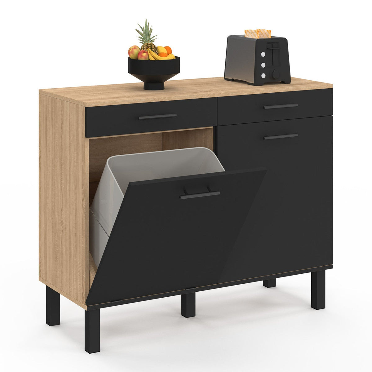 Meuble bas de cuisine avec espace poubelle 100 cm CINA plan de travail H.83 cm 2 portes + tiroirs décor hêtre et noir