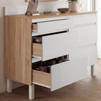 Buffet bas de cuisine 120 cm CLAUDE, 2 meubles à tiroirs, plan de travail H. 83 cm, 6 tiroirs, bois et blanc