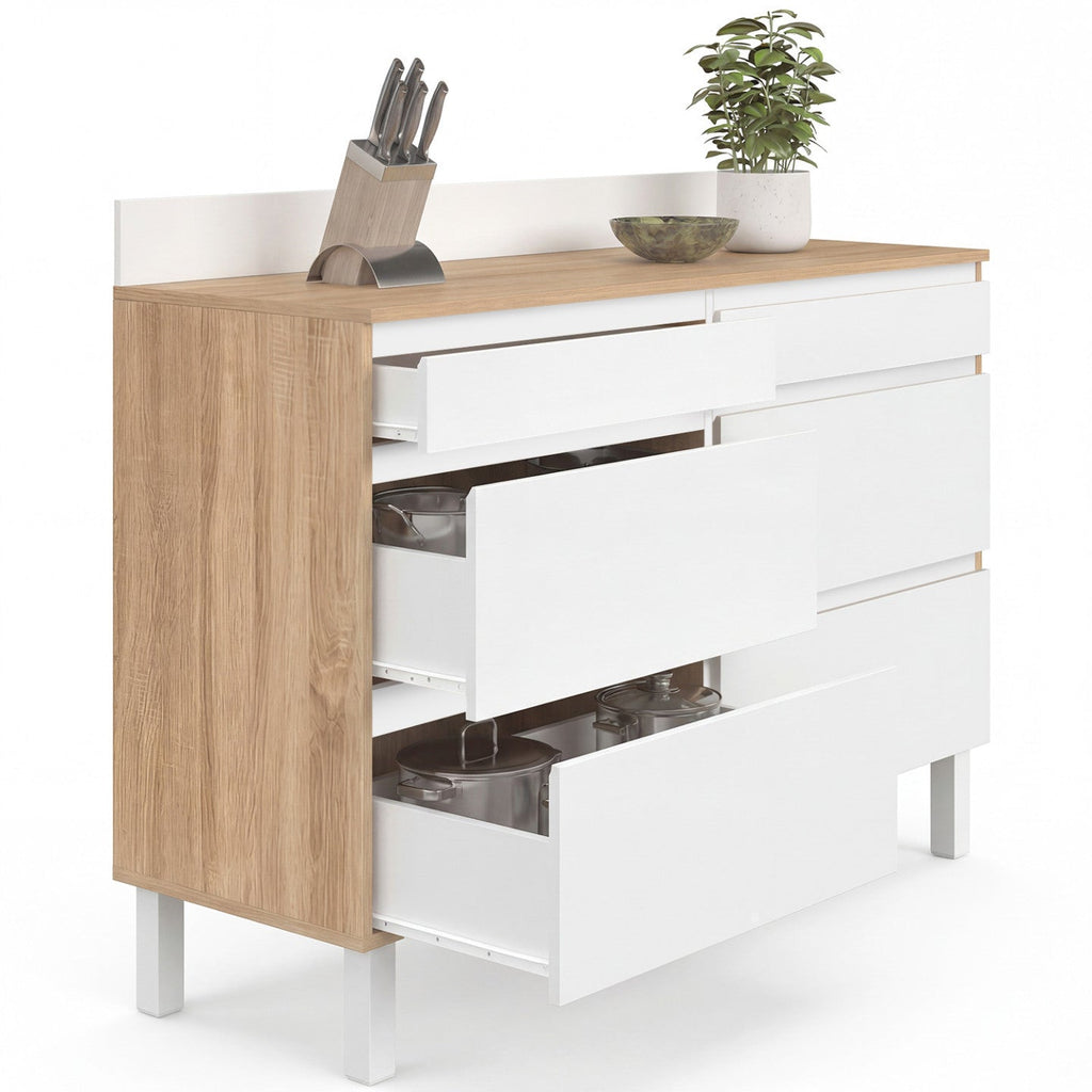 Buffet bas de cuisine 120 cm CLAUDE, 2 meubles à tiroirs, plan de travail H. 83 cm, 6 tiroirs, bois et blanc