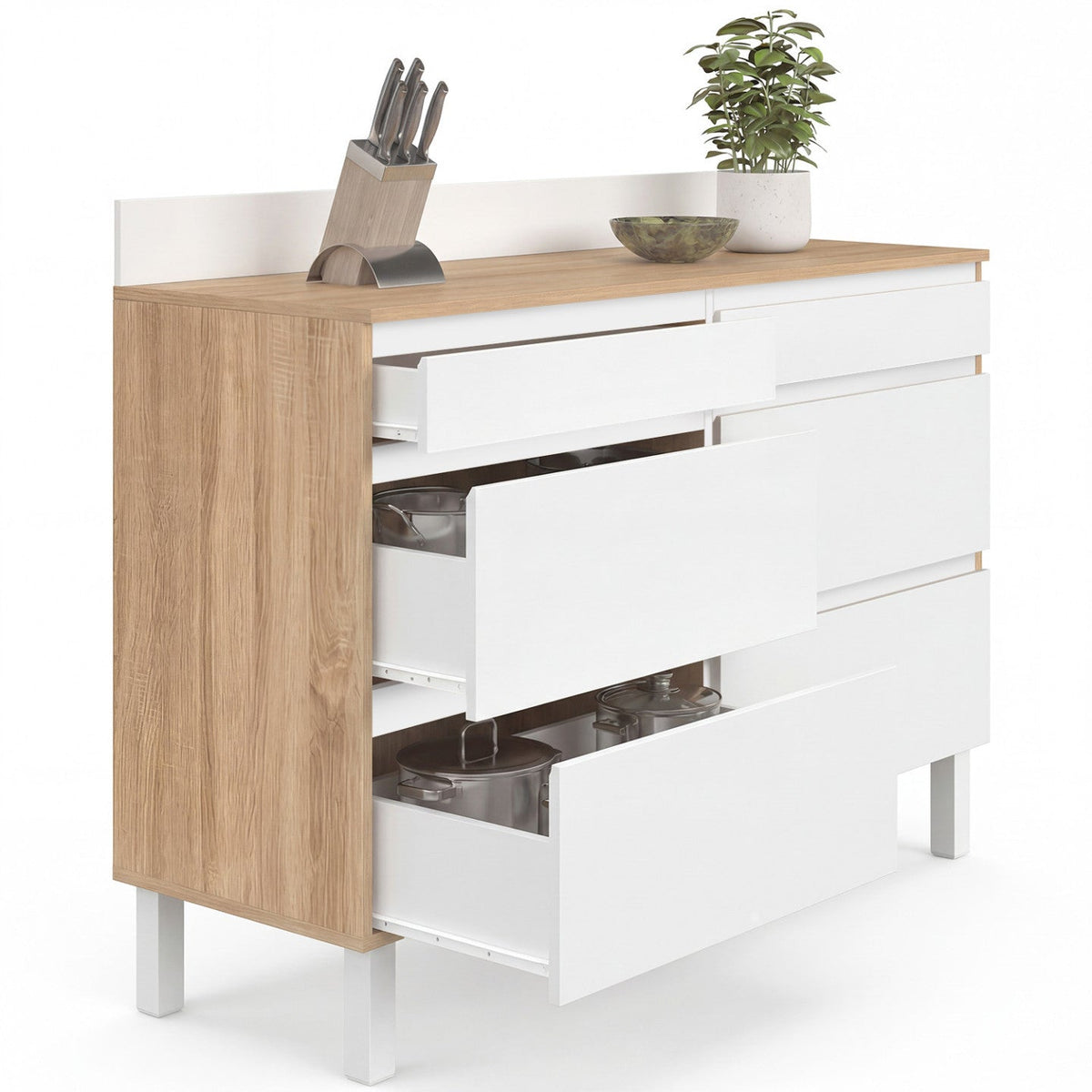 Buffet bas de cuisine 120 cm CLAUDE, 2 meubles à tiroirs, plan de travail H. 83 cm, 6 tiroirs, bois et blanc