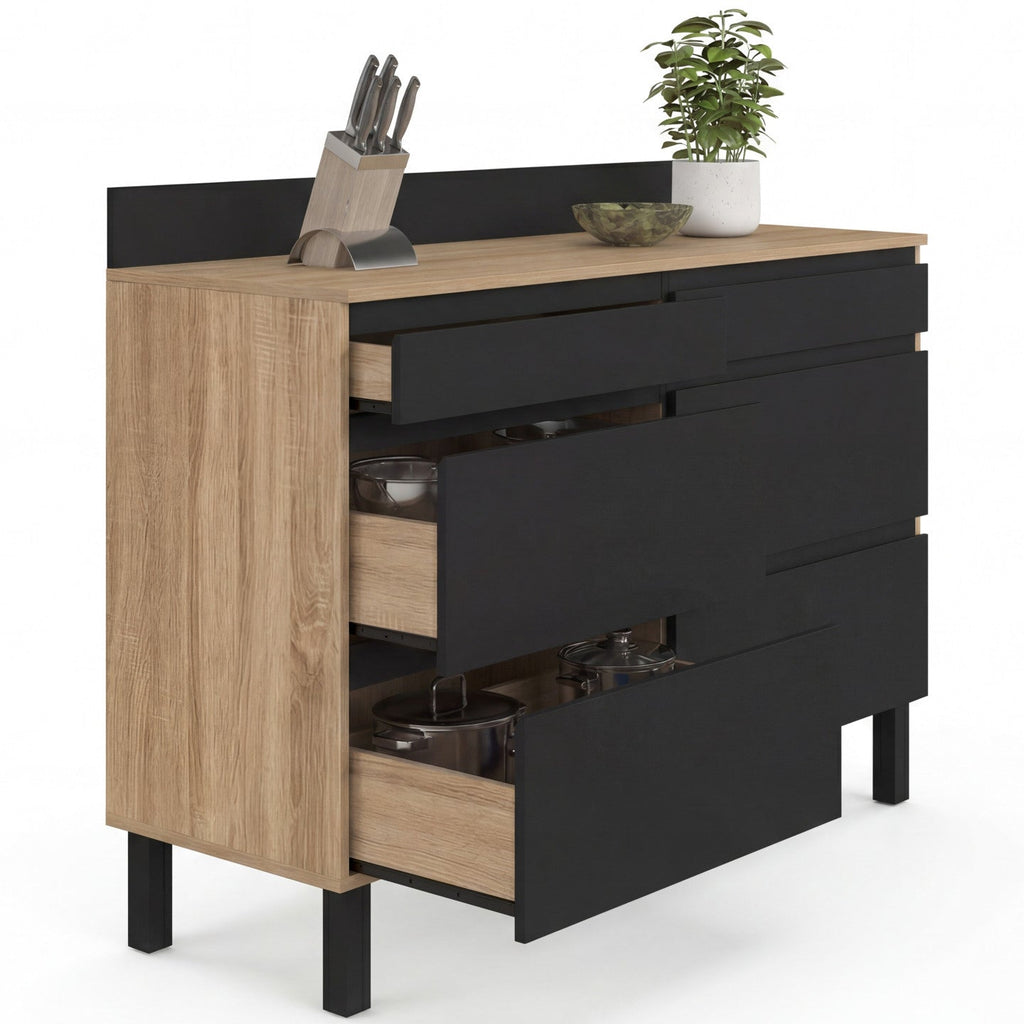 Meuble bas de cuisine 120 cm CLAUDE avec deux casseroliers, plan de travail, H. 83 cm, 6 tiroirs, bois et noir