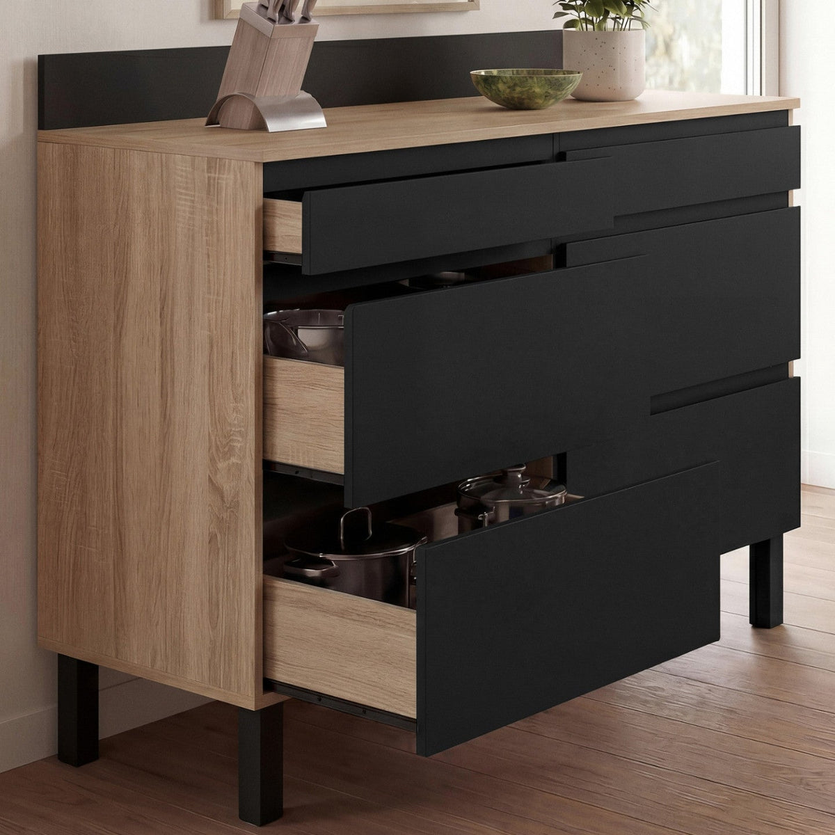 Meuble bas de cuisine 120 cm CLAUDE avec deux casseroliers, plan de travail, H. 83 cm, 6 tiroirs, bois et noir