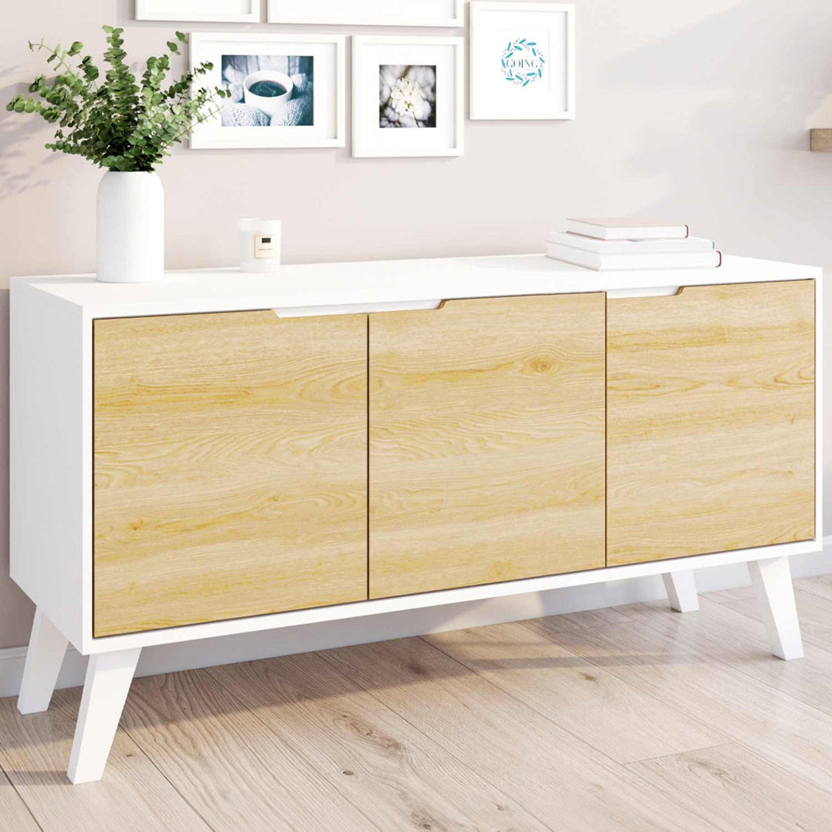 Buffet bas scandinave 113 cm FINN 3 portes blanc et décor hêtre
