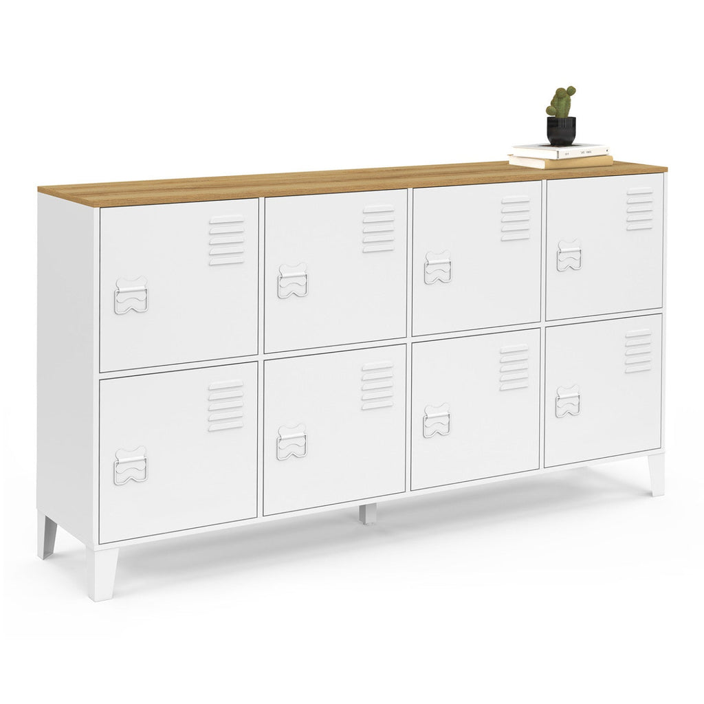 Buffet casier 139 cm ESTER 8 portes en métal blanc plateau bois design industriel