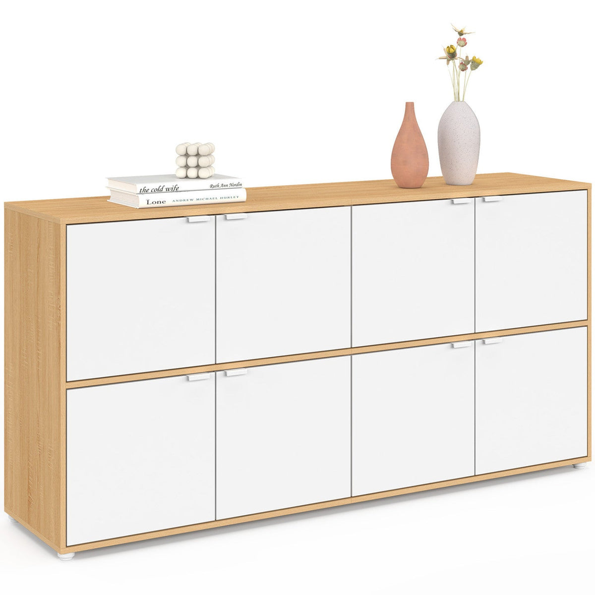 Buffet casier 130 cm CASSIE 8 portes blanc et bois