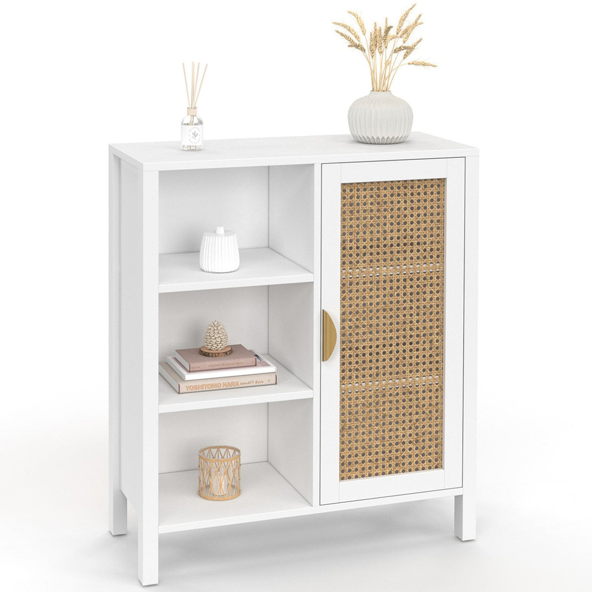 Buffet d'appoint 3 étagères et placard 70 cm EDHEN bois blanc et cannage