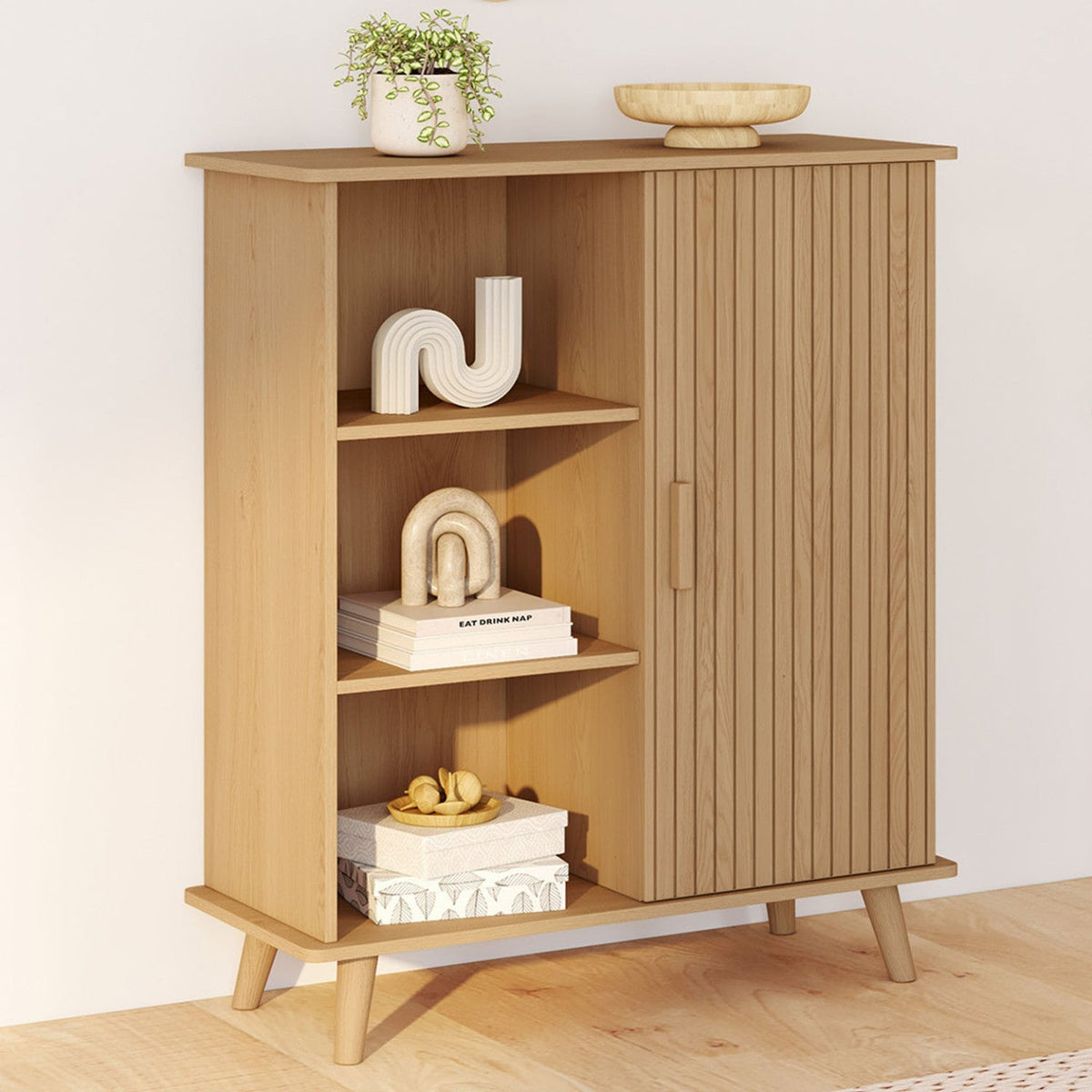 Meuble d'appoint 3 étagères et placard 70 cm JULIETTE effet lattes bois