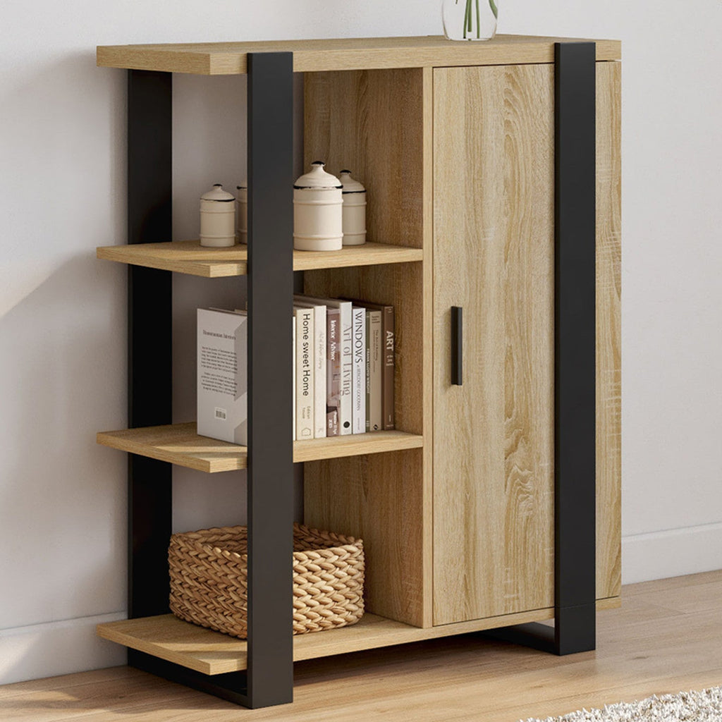 Buffet d'appoint 3 étagères et placard 70 cm PHOENIX bois et noir