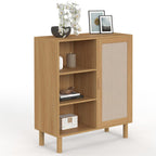 Buffet d'appoint 3 étagères et placard 70 cm ROBIN meuble de rangement bois et tissu effet lin