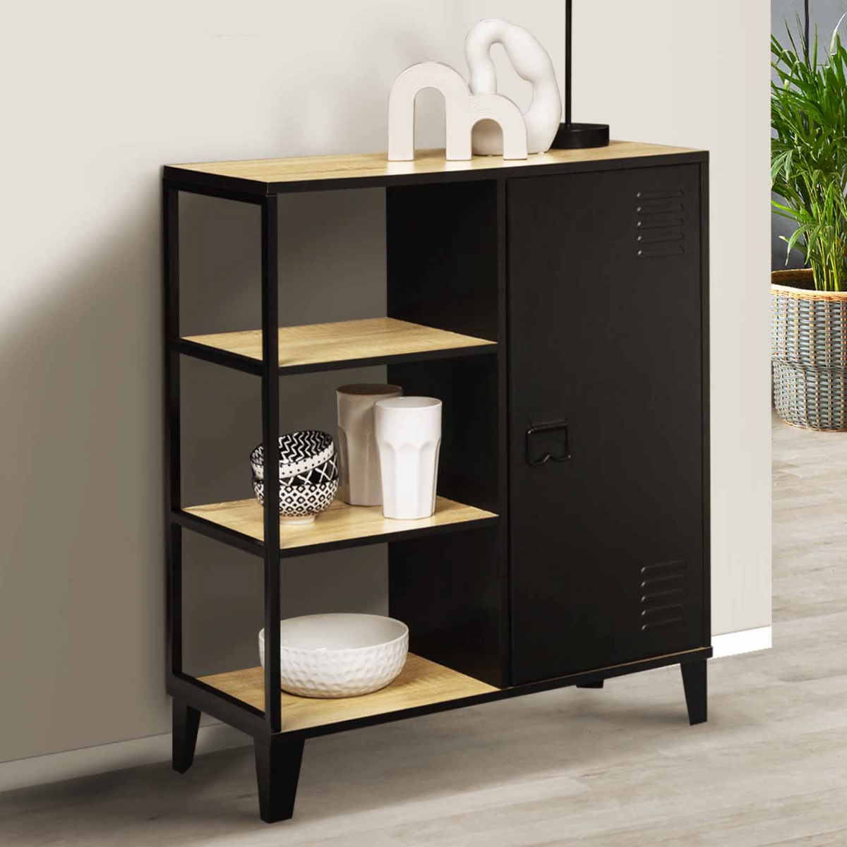 Buffet d'appoint 3 étagères et placard en métal noir avec plateau en bois 70 cm ESTER style industriel