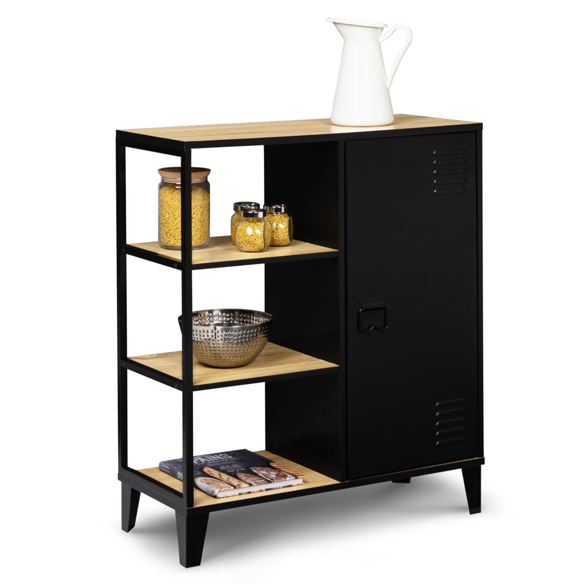 Buffet d'appoint 3 étagères et placard en métal noir avec plateau en bois 70 cm ESTER style industriel