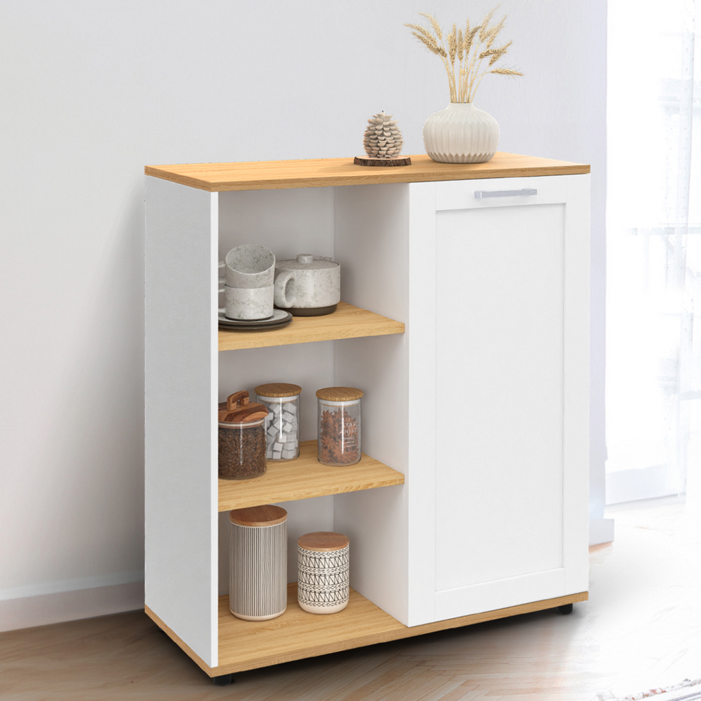Buffet d'appoint 70 cm VITO, 3 étagères et placard, blanc et plateau bois