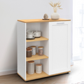 Buffet d'appoint 70 cm VITO, 3 étagères et placard, blanc et plateau bois