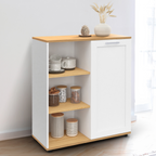 Buffet d'appoint 70 cm VITO, 3 étagères et placard, blanc et plateau bois