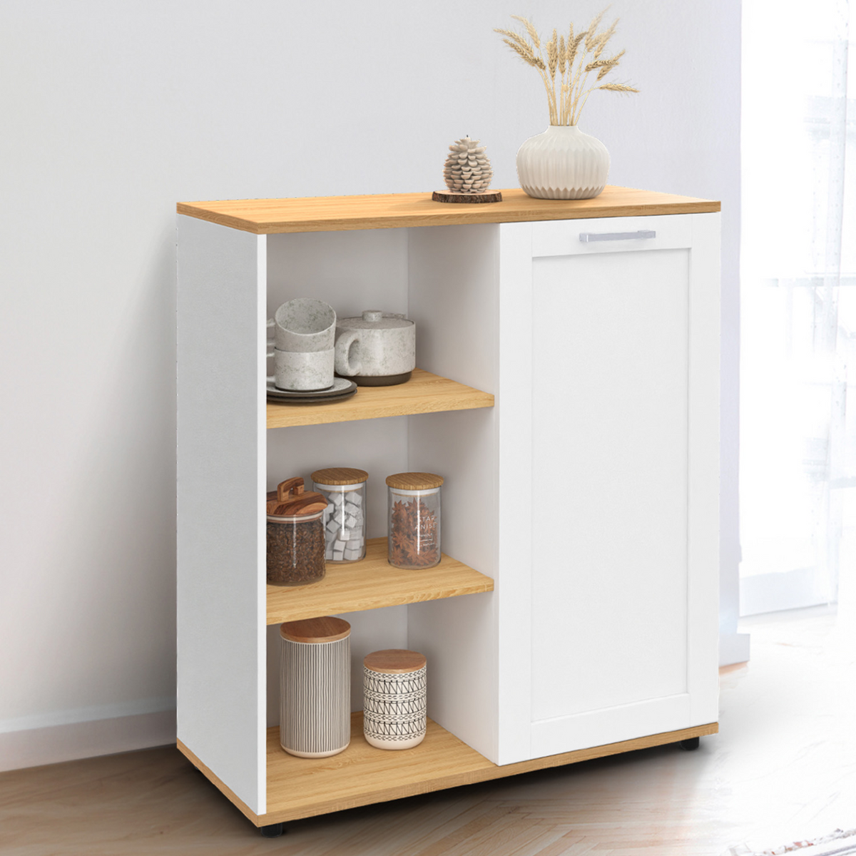 Buffet d'appoint 70 cm VITO, 3 étagères et placard, blanc et plateau bois