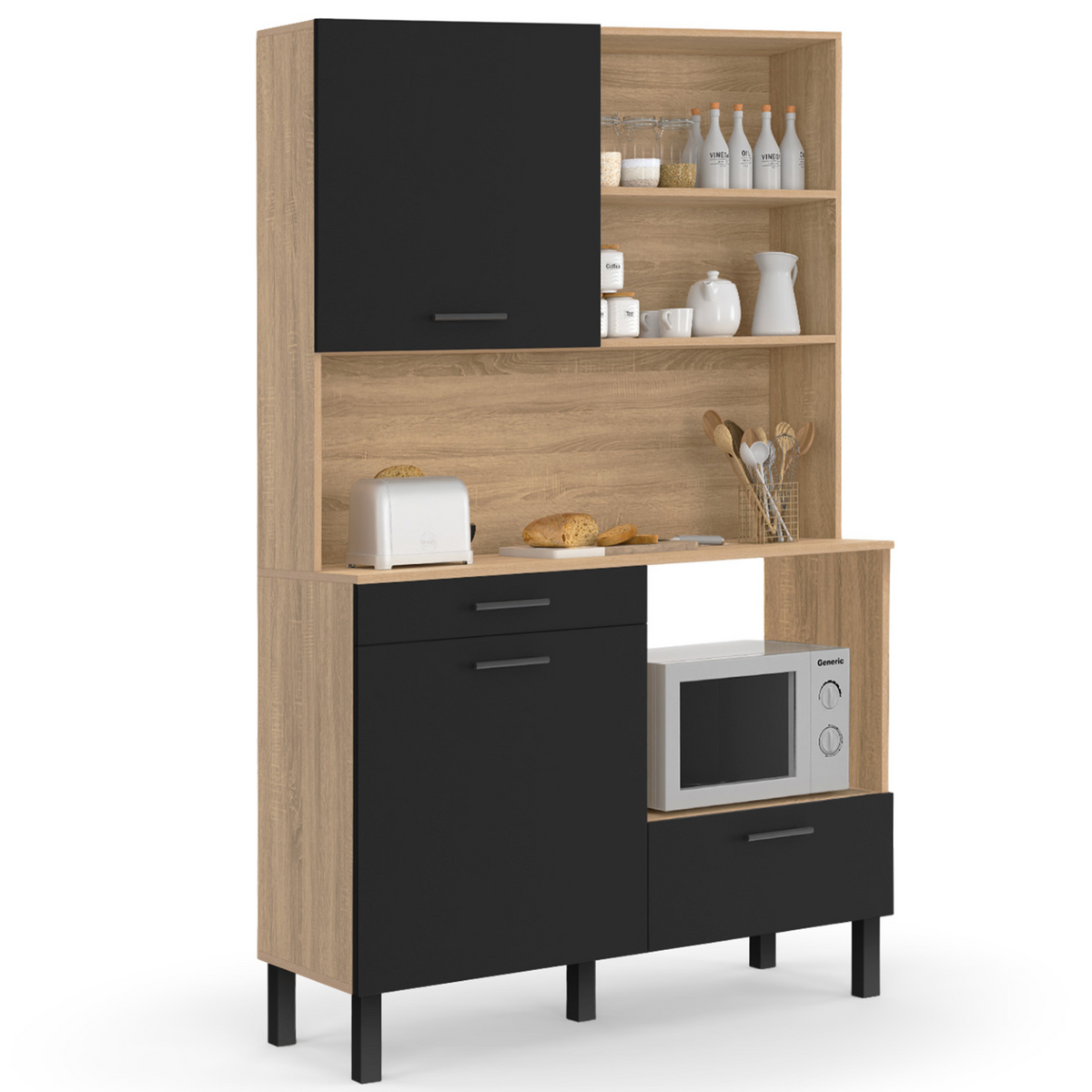 Buffet de cuisine 120 cm CINA 3 portes + 1 tiroir aspect hêtre et noir
