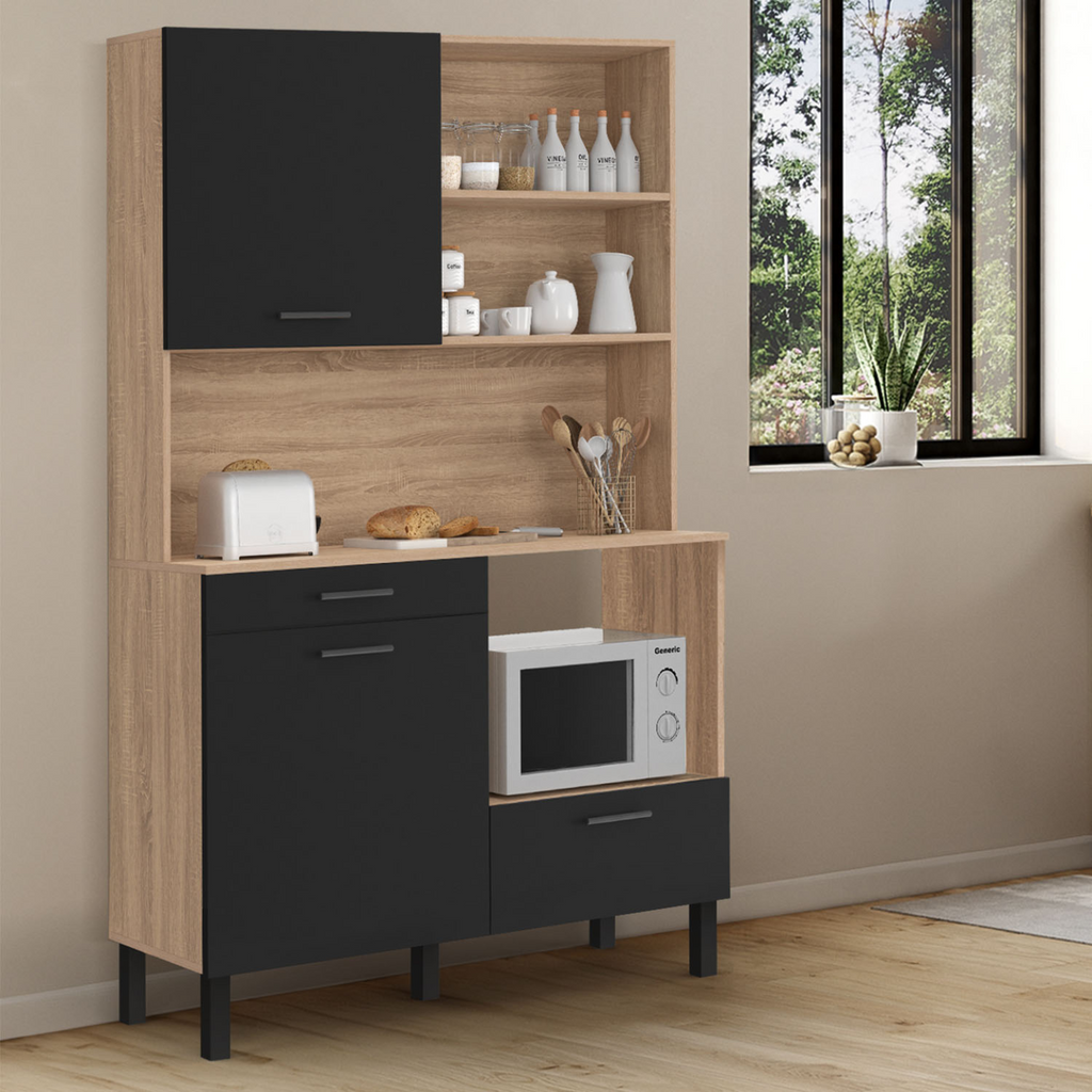 Buffet de cuisine 120 cm CINA 3 portes + 1 tiroir aspect hêtre et noir