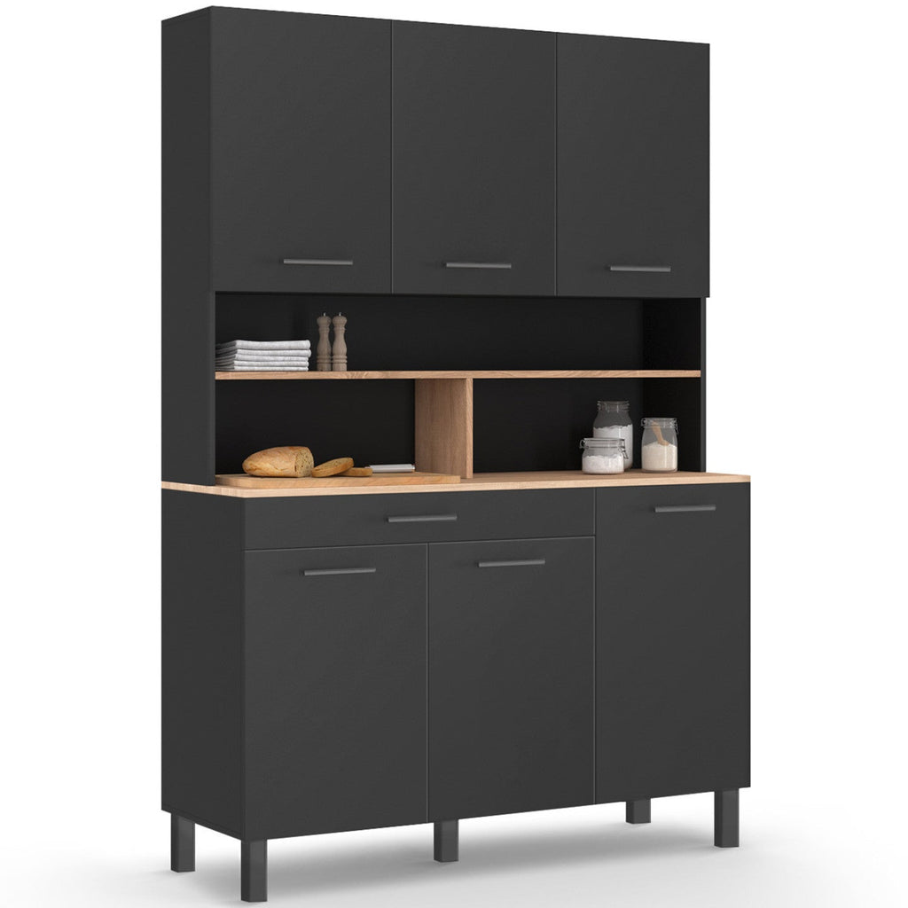 Buffet de cuisine 120 cm CINA 6 portes + tiroir noir et plateaux aspect hêtre