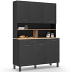 Buffet de cuisine 120 cm CINA 6 portes + tiroir noir et plateaux aspect hêtre