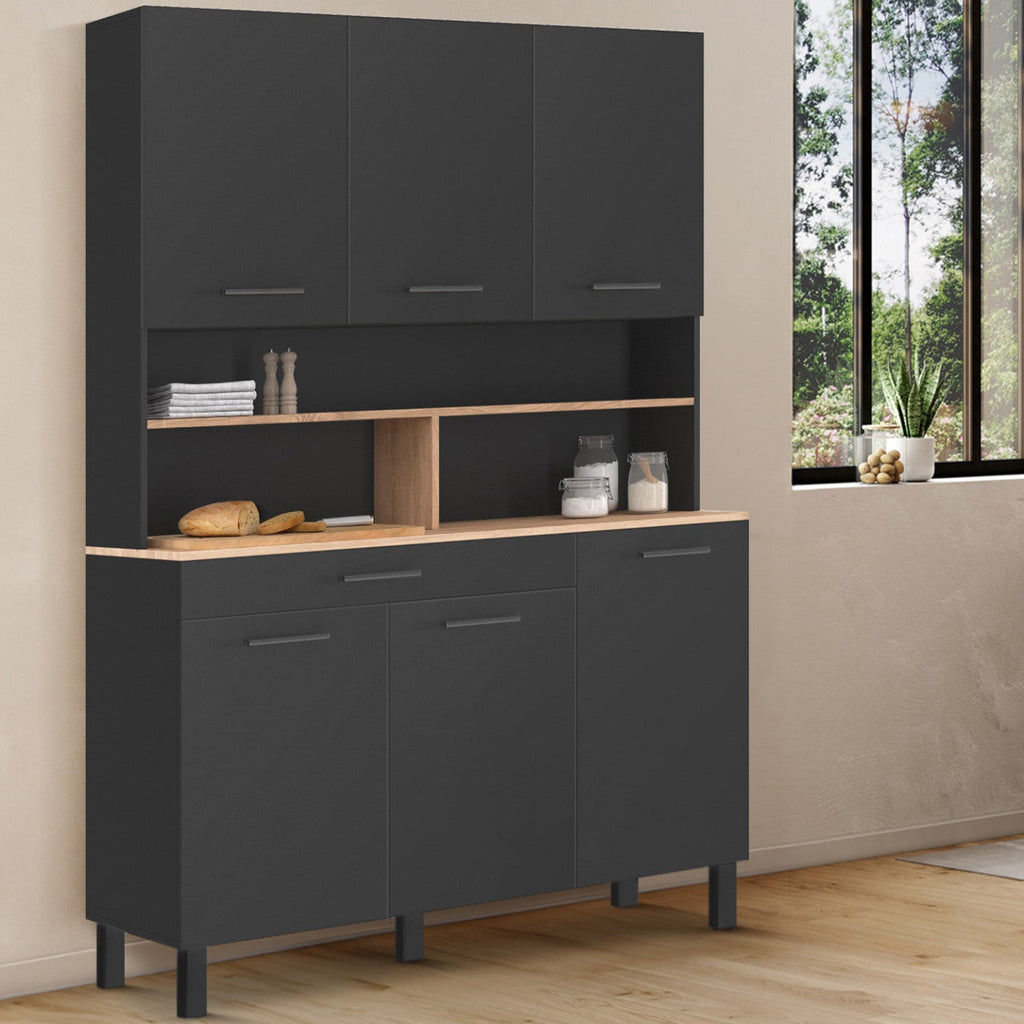 Buffet de cuisine 120 cm CINA 6 portes + tiroir noir et plateaux aspect hêtre