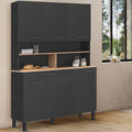 Buffet de cuisine 120 cm CINA 6 portes + tiroir noir et plateaux aspect hêtre