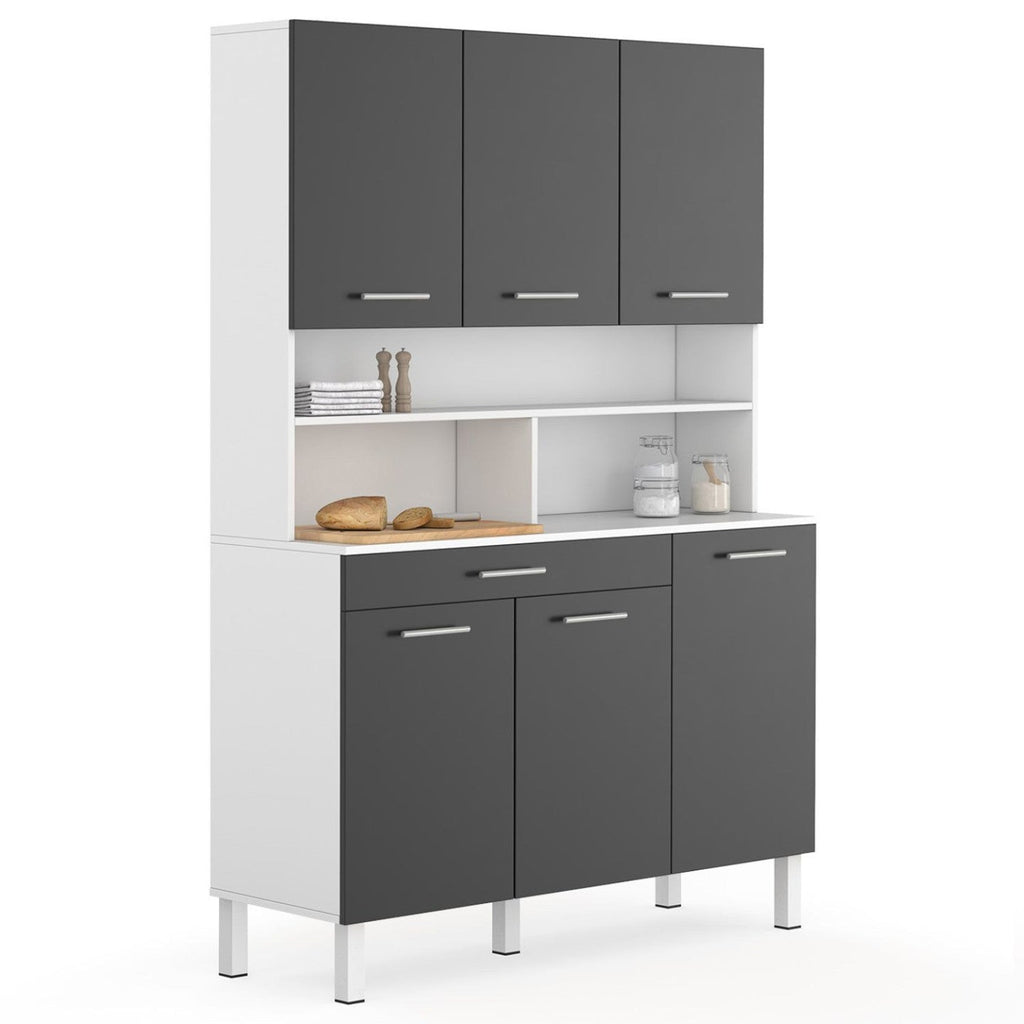 Buffet de cuisine 120 cm CINA 6 portes + tiroir blanc et gris brillant