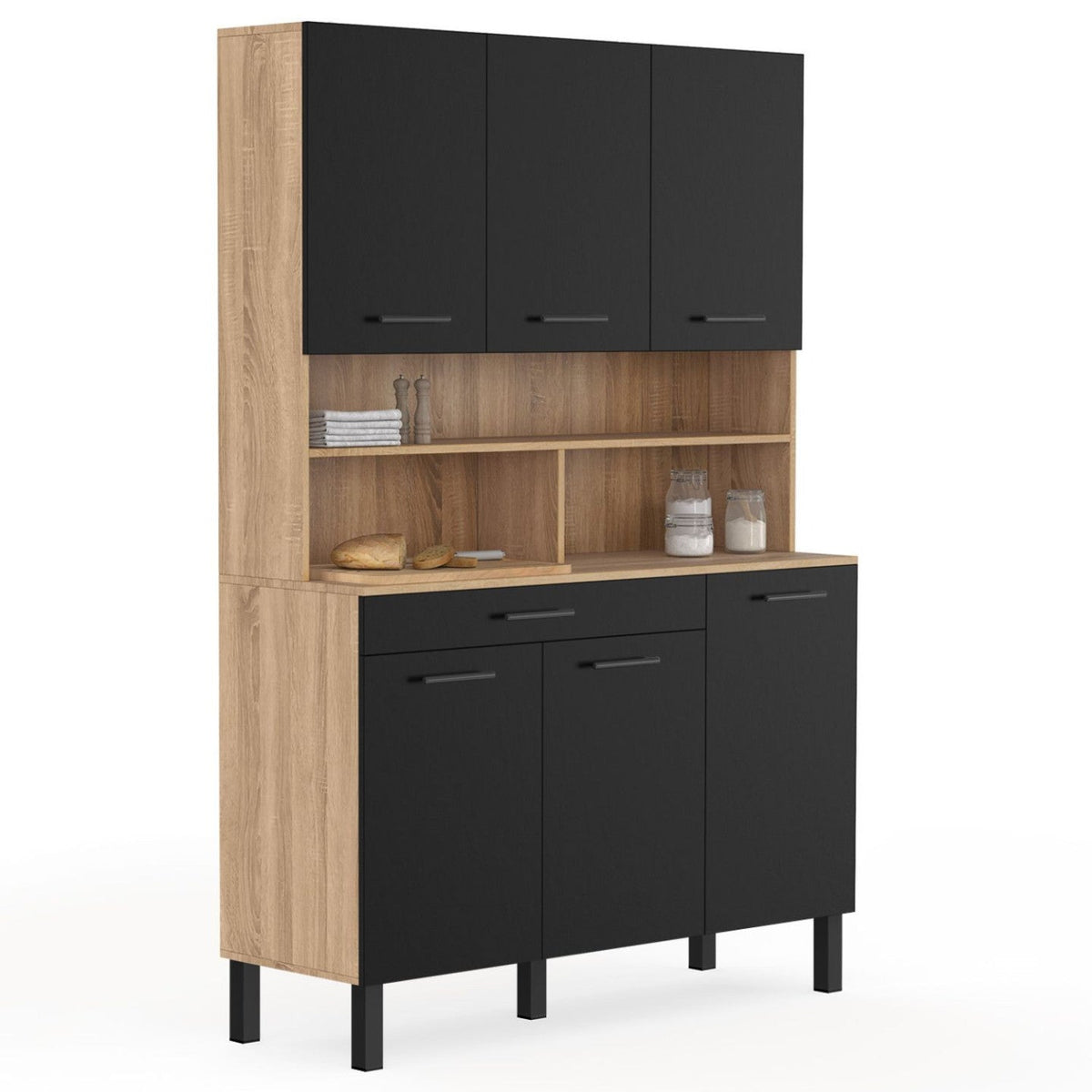 Buffet de cuisine 120 CM CINA 6 portes + tiroir décor hêtre et noir