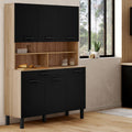 Buffet de cuisine 120 CM CINA 6 portes + tiroir décor hêtre et noir