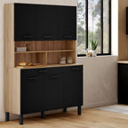 Buffet de cuisine 120 CM CINA 6 portes + tiroir décor hêtre et noir