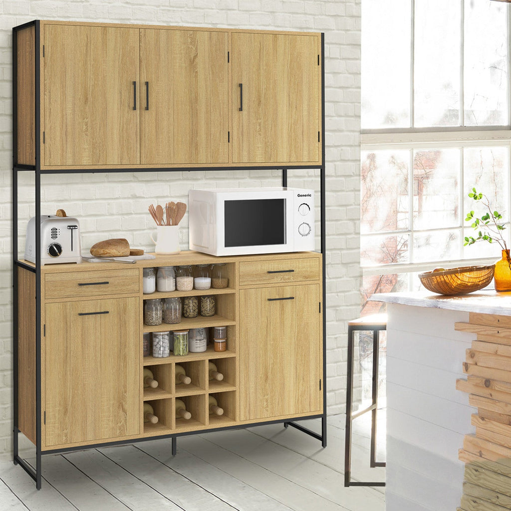 Buffet de cuisine 120 CM DETROIT 5 portes + tiroirs + range-bouteilles design industriel