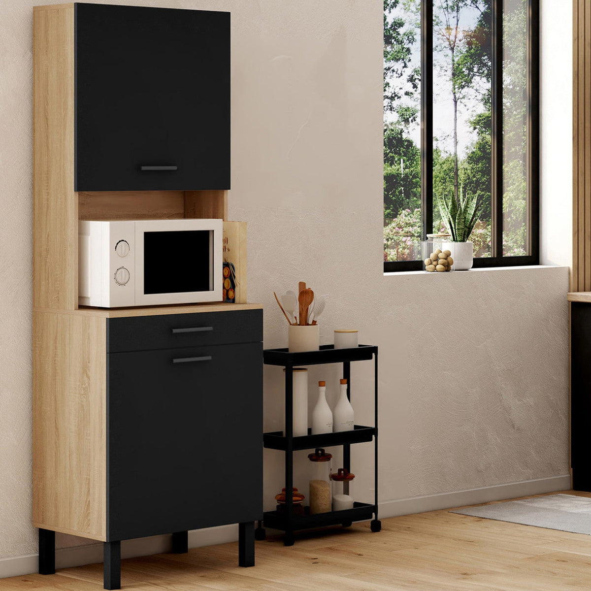 Buffet de cuisine 60 CM CINA 2 portes + tiroir décor hêtre et noir