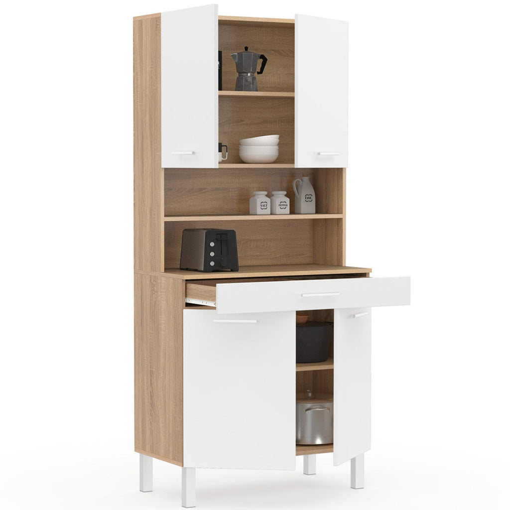 Buffet de cuisine 80 cm CINA 4 portes + tiroir, décor hêtre et blanc