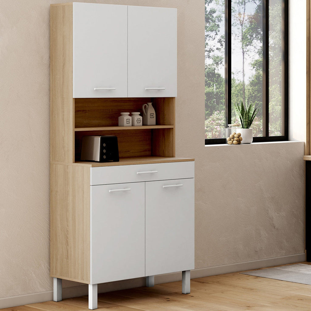 Buffet de cuisine 80 cm CINA 4 portes + tiroir, décor hêtre et blanc