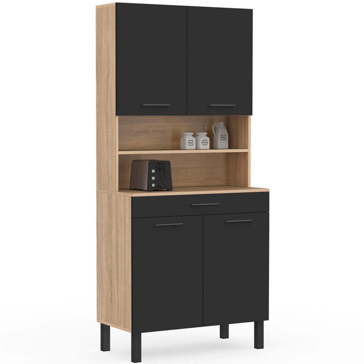 Buffet de cuisine 80 cm CINA 4 portes + tiroir, décor hêtre et noir