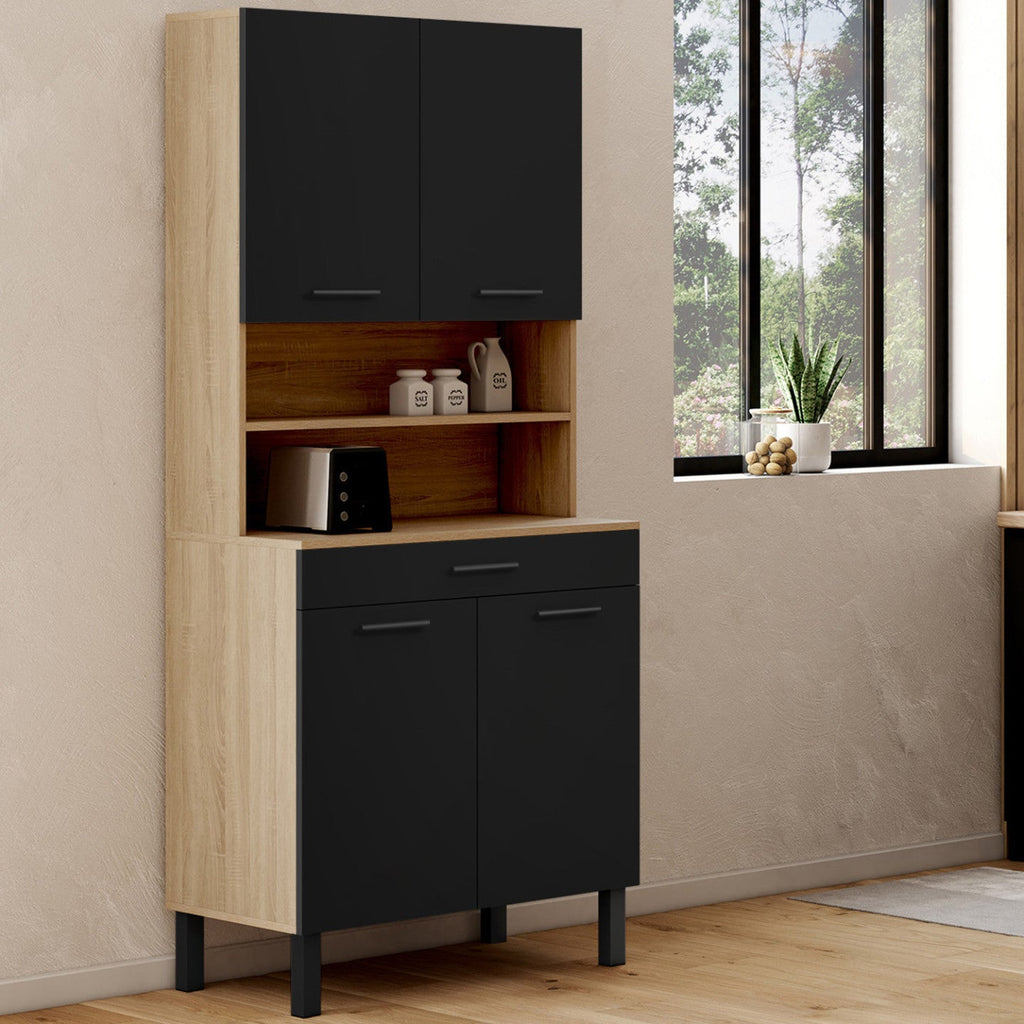 Buffet de cuisine 80 cm CINA 4 portes + tiroir, décor hêtre et noir