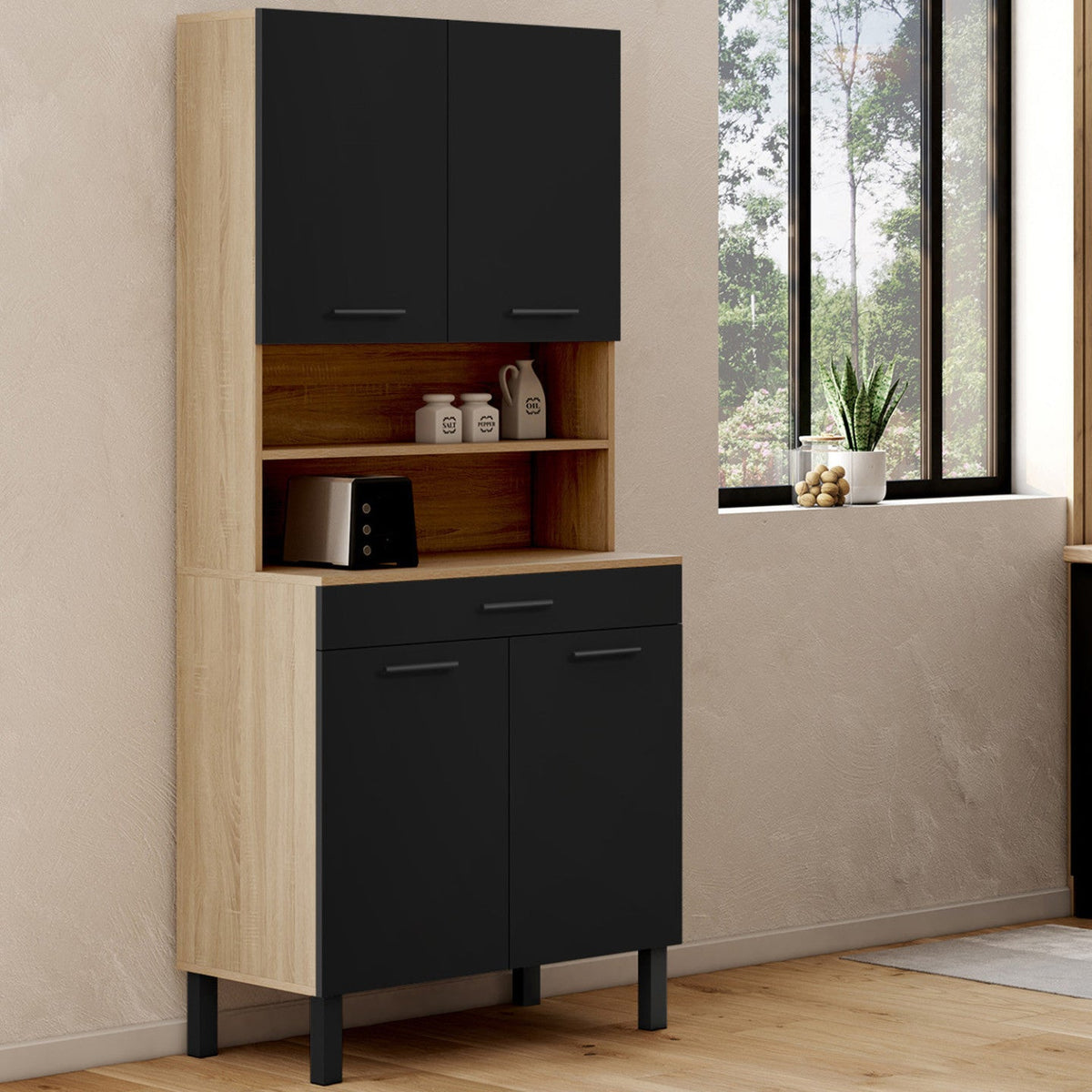 Buffet de cuisine 80 cm CINA 4 portes + tiroir, décor hêtre et noir