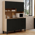 Buffet casserolier de cuisine 140 cm CINA 5 portes + 3 tiroirs décor hêtre et noir